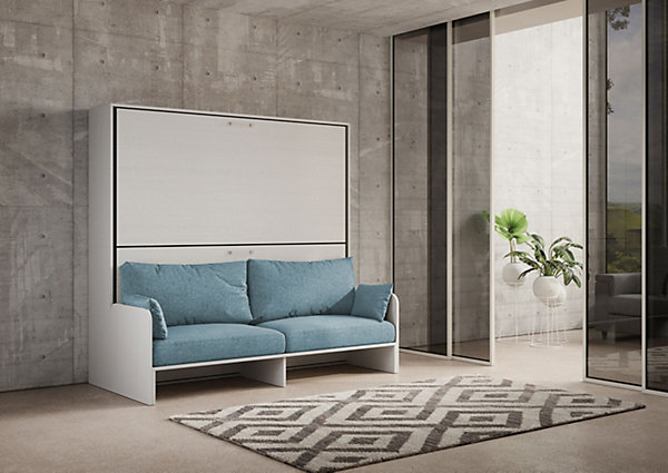 Lit double escamotable Kando avec canapé en frêne blanc, bleu clair