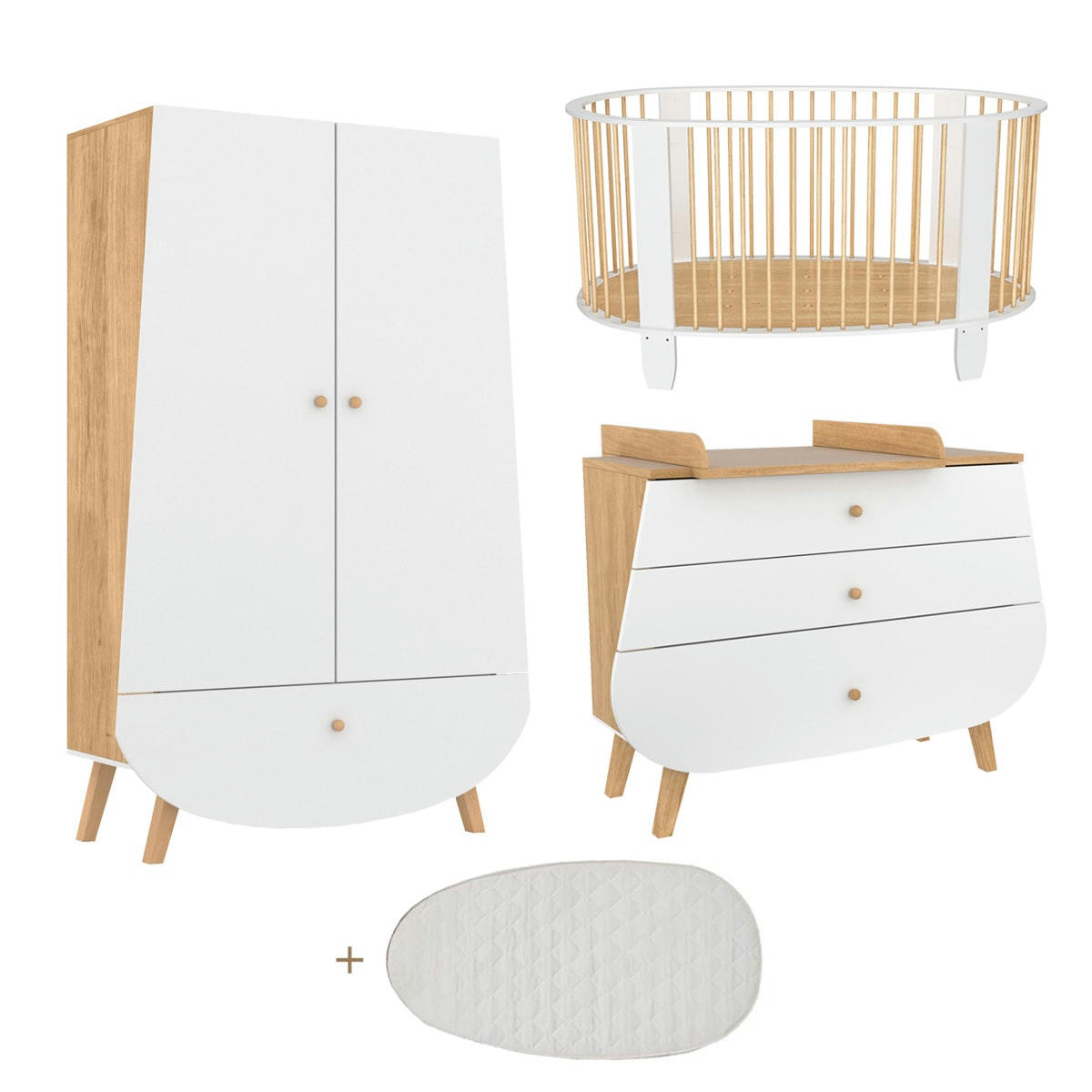 TRIO - COCON - Chambre bébé : Trio - lit bébé 60x120 commode armoire blanc naturel