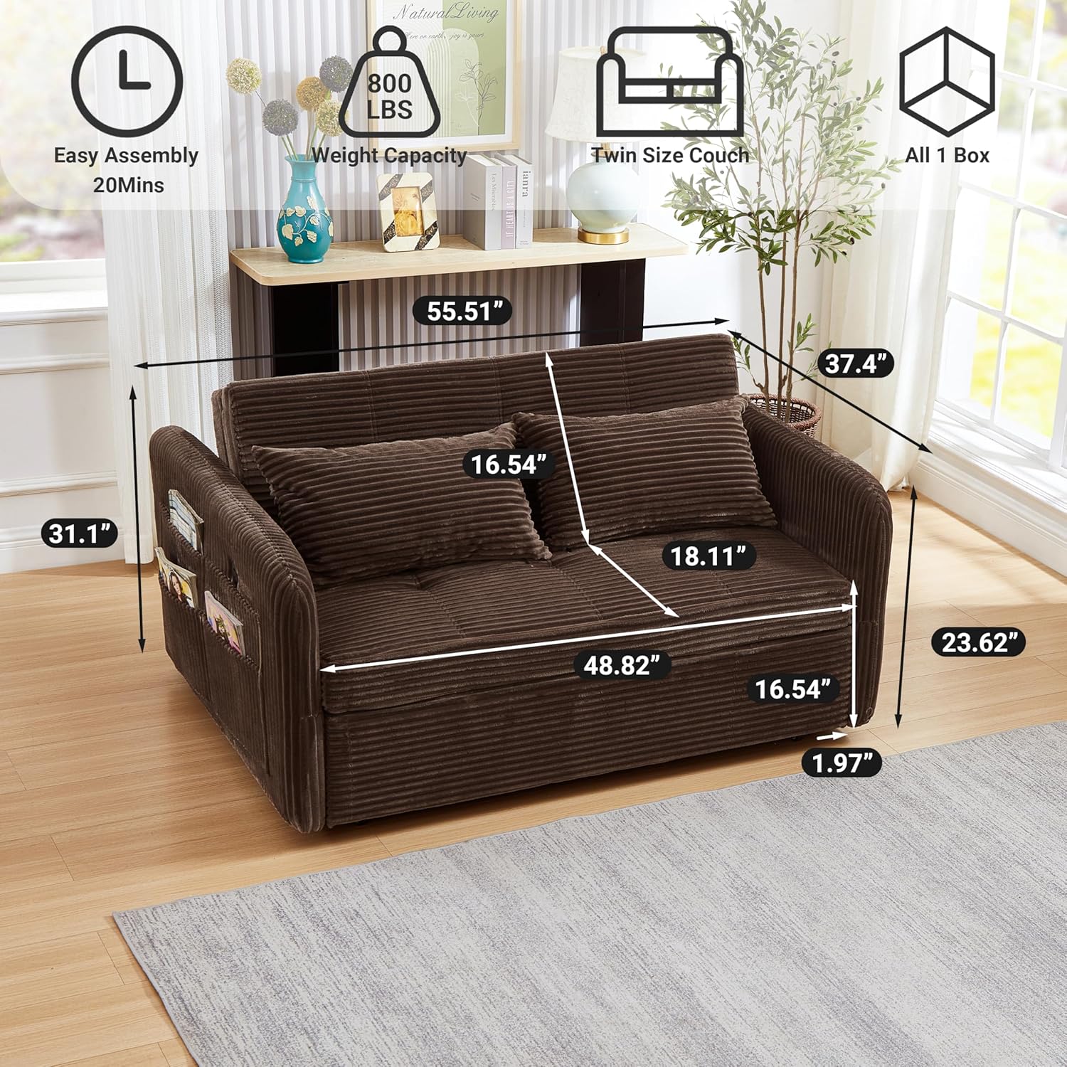 55.5 Corduroy Convertible Sofa Bed, Pull Out Sleeper Sofa Bed, Loveseat Couch with USB Charging Ports, 3 in 1 Convertible Sleeper Sofa Bed for Living Room, Apartment, Bedroom, RV, Beige