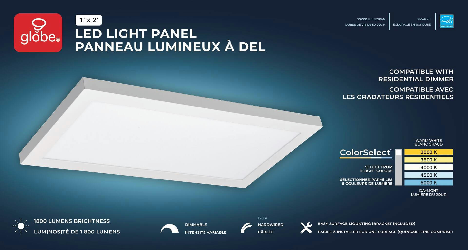 Globe LED Panel, 1-ft x 2-ft