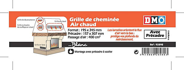 Grille de cheminée avec précadre blanc 195 x 345 mm Autogyre