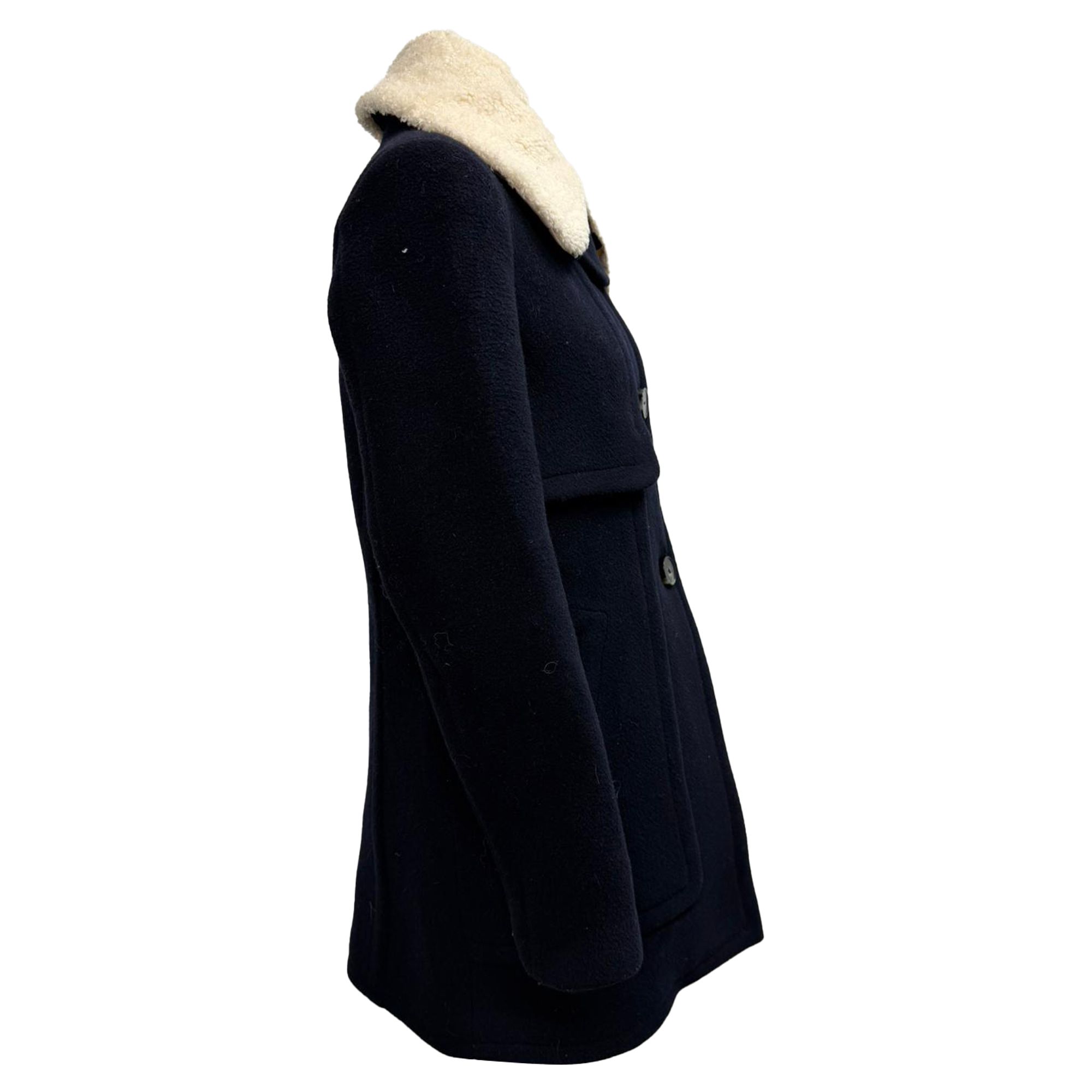 Claudie Pierlot Preloved Round Neck Sheared-Collar Coat in Navy Blue Wool
