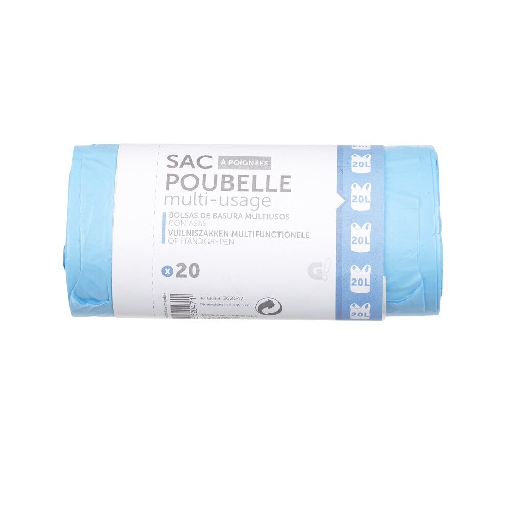 Sac poubelle 20 litres à poignées multi usage bleu x20