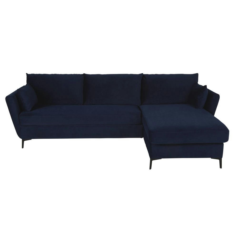 Prague - Canapé d'angle droit convertible 2/3 places en velours bleu nuit, matelas 10 cm