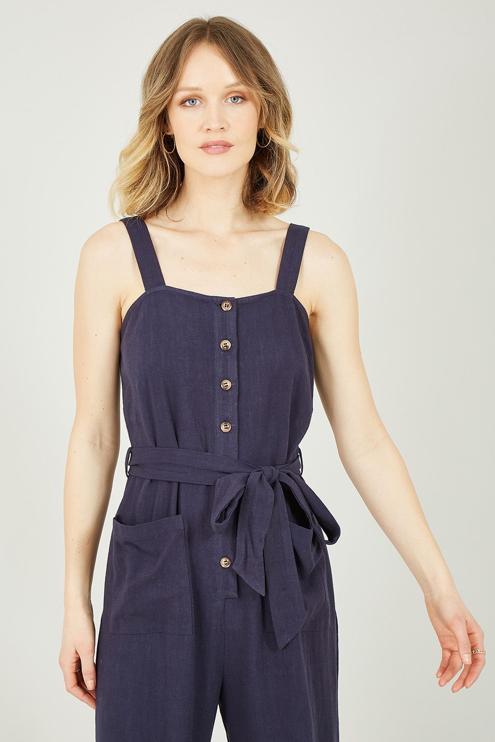 Yumi Yumi Navy Linen Button Through Jumpsuit