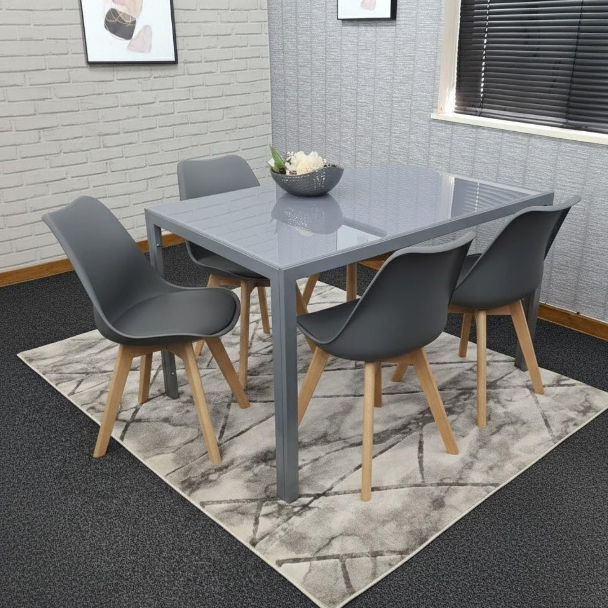 KOSY KOALA Modern Grey Glass Dining Table Set with 4 Grey Dining Chairs