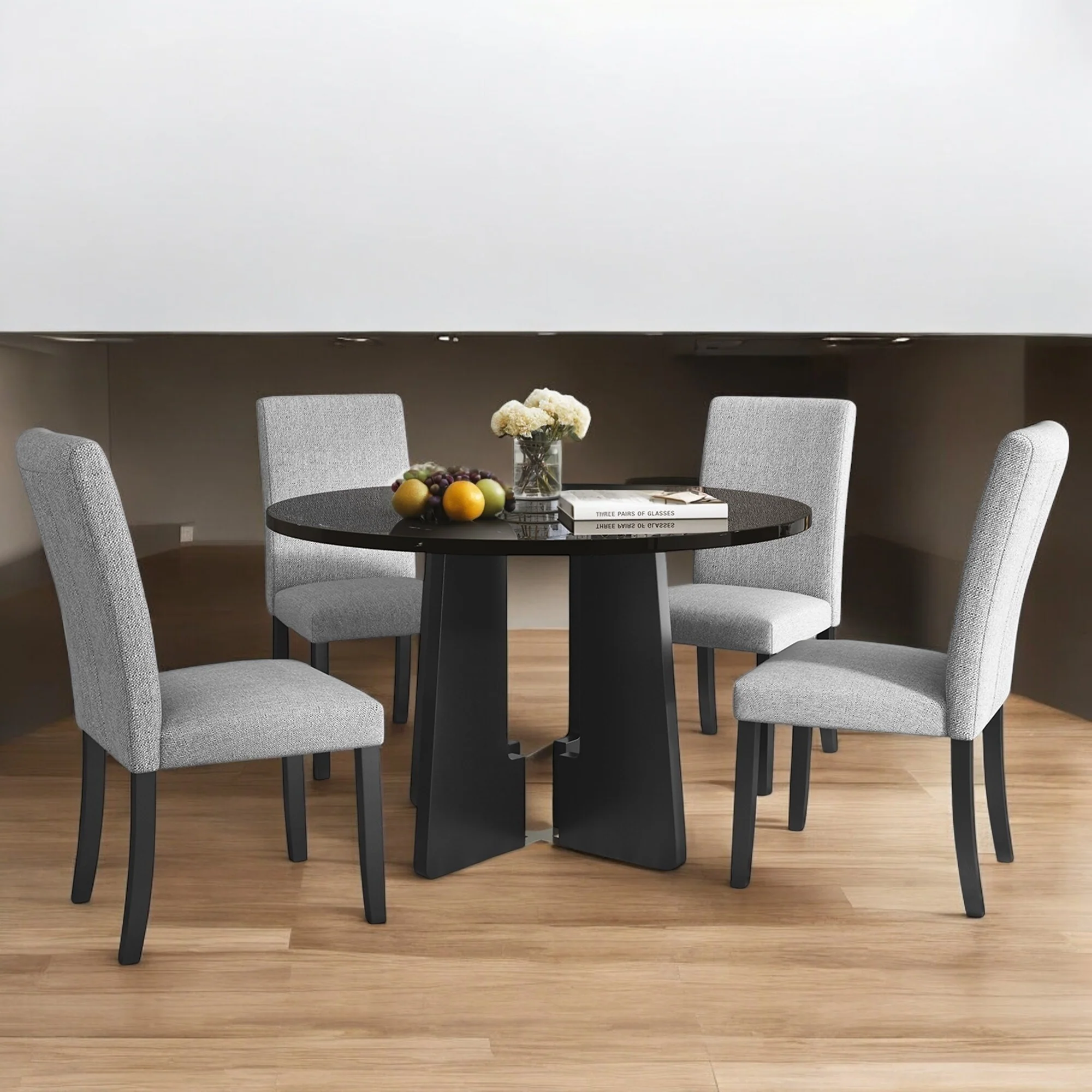 5-Piece Round Dining Table Set, 43-Inch MDF Table with 4 Upholstered Chairs for Kitchen, Dining Room, Living Room