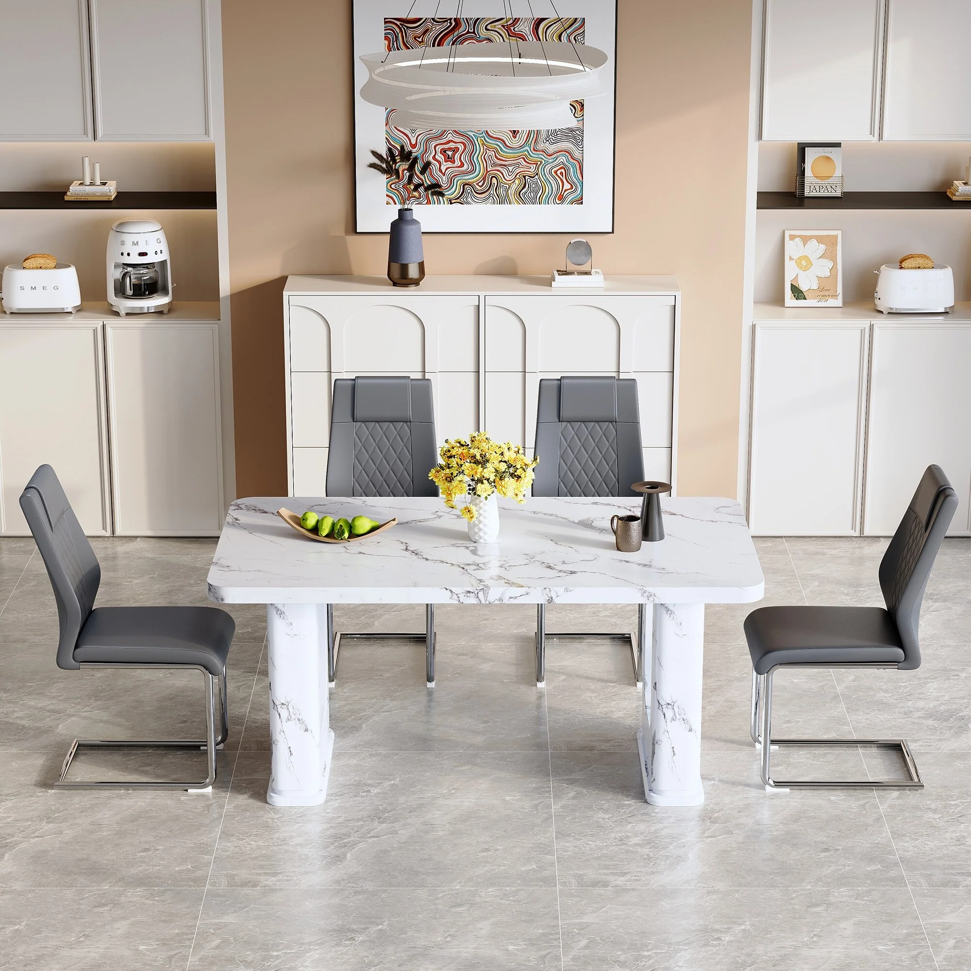 5-Piece Marble Pattern Dining Table Set, PU Leather Grid Chairs with Silver Arched Metal Legs, Anti-Slip Feet