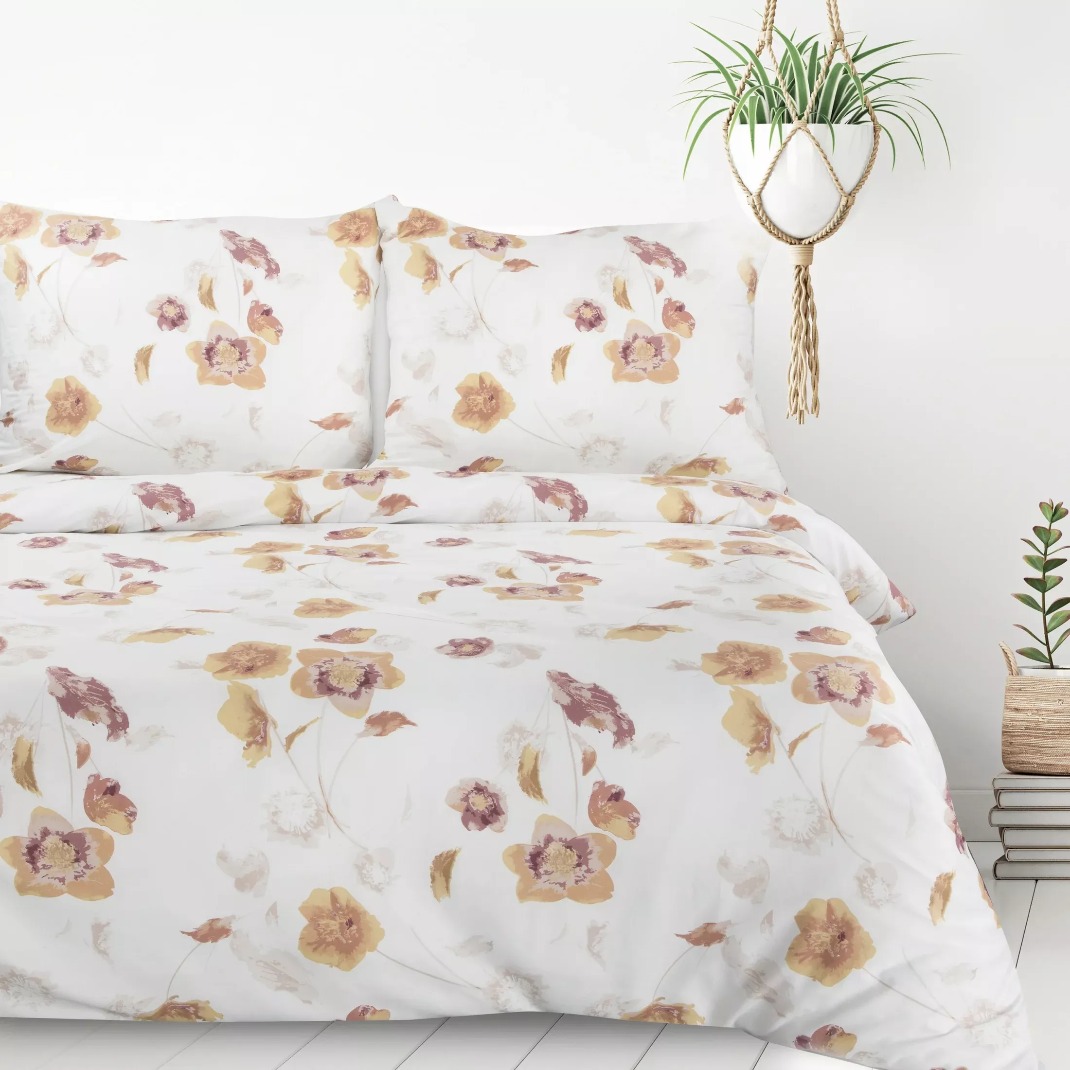 Pościel 220x200 cm komplet 3 częściowy z mikrowłókna kolor biały, brązowy motyw kwiatowym IGA Design 91