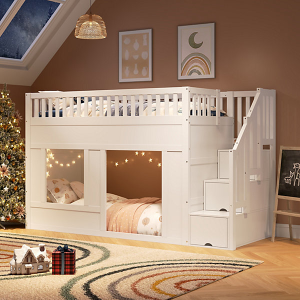 Lit Superposé Enfant 90x200 cm - Lit Multifonction avec Escalier de Rangement et Espace de Jeux - Sans Matelas - Bois MDF - Blanc