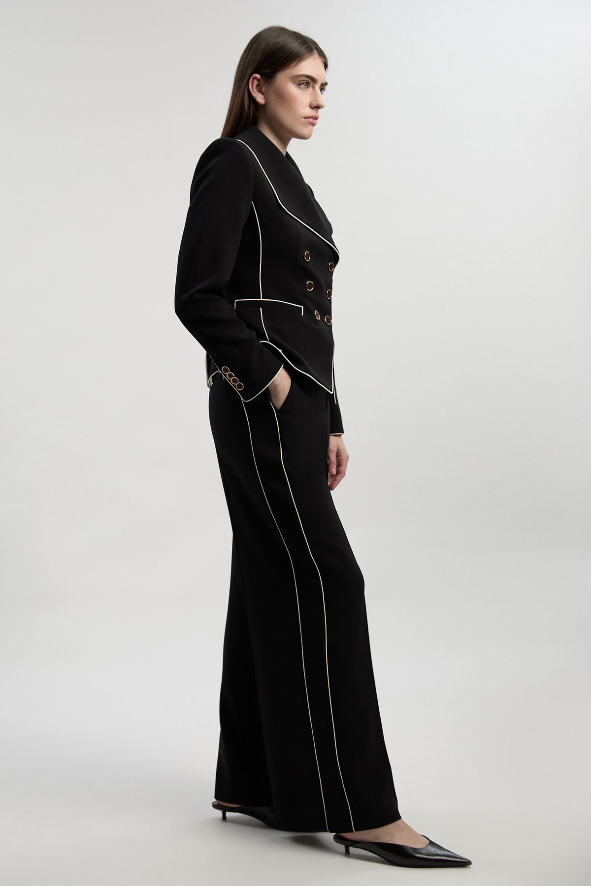 KarenMillen Petite Compact Stretch Contrast Tipped Wide Leg Tailored Trouser