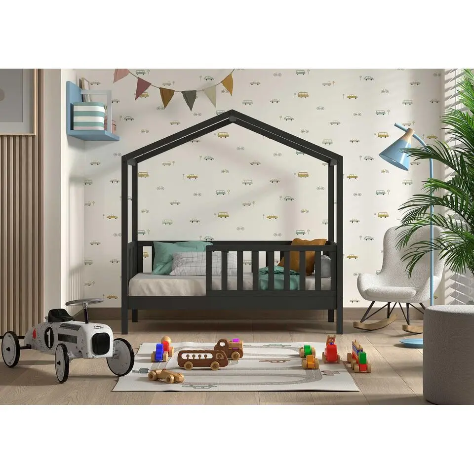 Kinderbed Dallas - 70x140 cm - antraciet/massief grenen