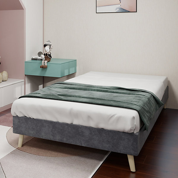 Lit Simple Adulte 90x200 cm - Lit Bas Sans Tête de Lit, Sans Matelas, Moderne et Minimaliste, Velours Gris