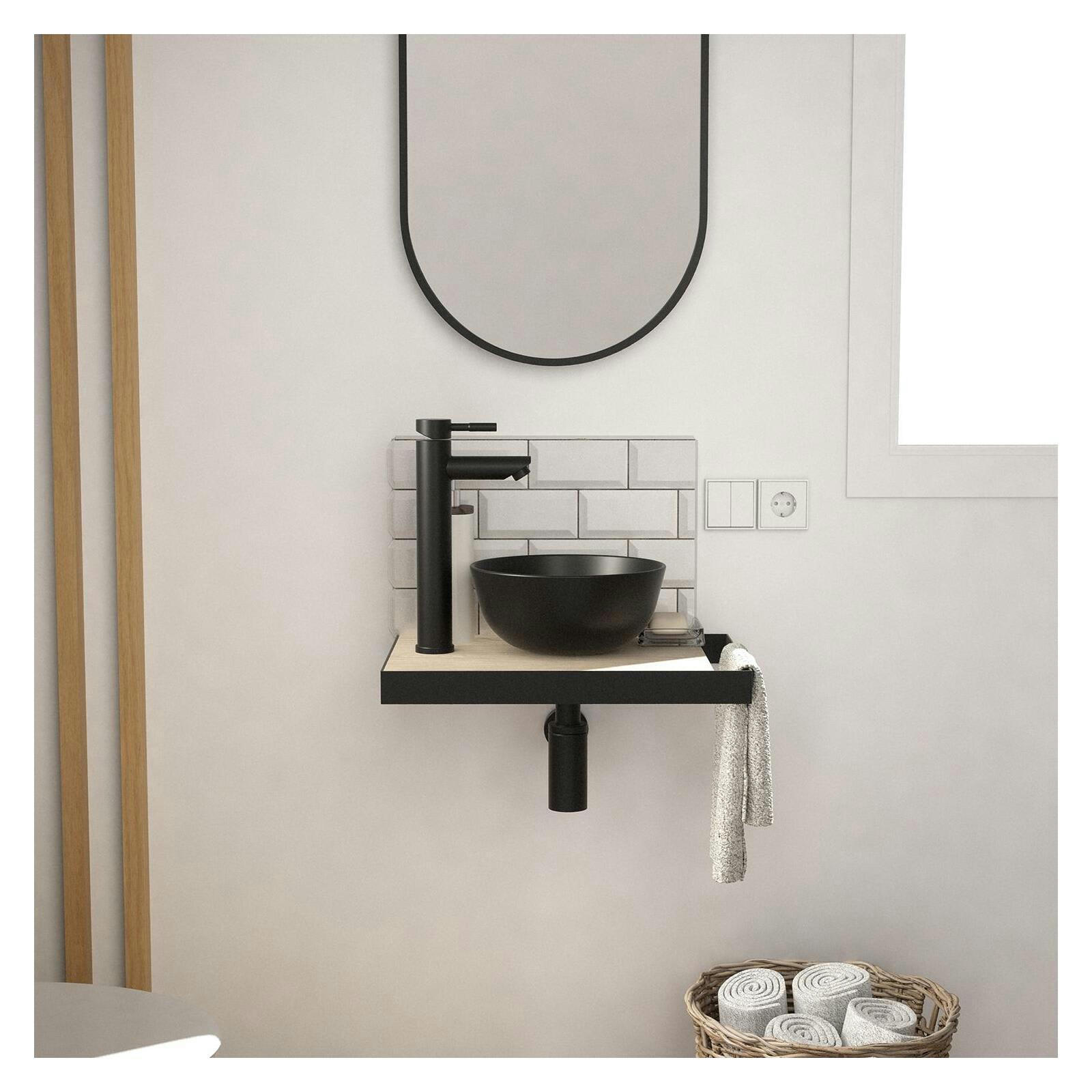 SOHO - Meuble lave-mains  plan fin p-serviette côté vasque noire + rob+miroir