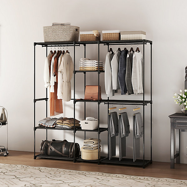 Dressing armoire-penderie dim. 182 x 43 x 185 cm 8 étagères 3 tringles métal non tissé noir