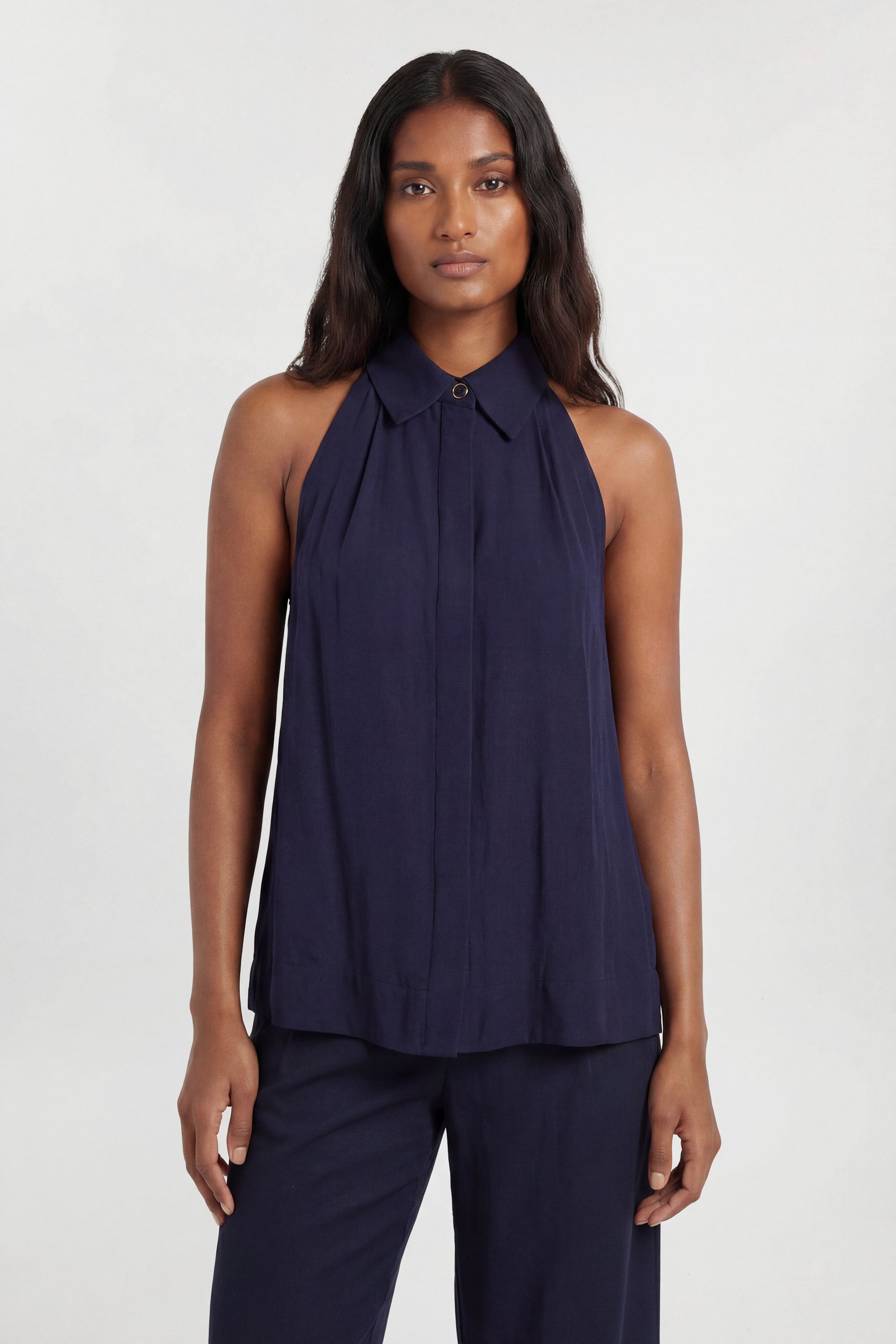 KarenMillen Premium Linen Viscose Halter Collared Woven Shirt