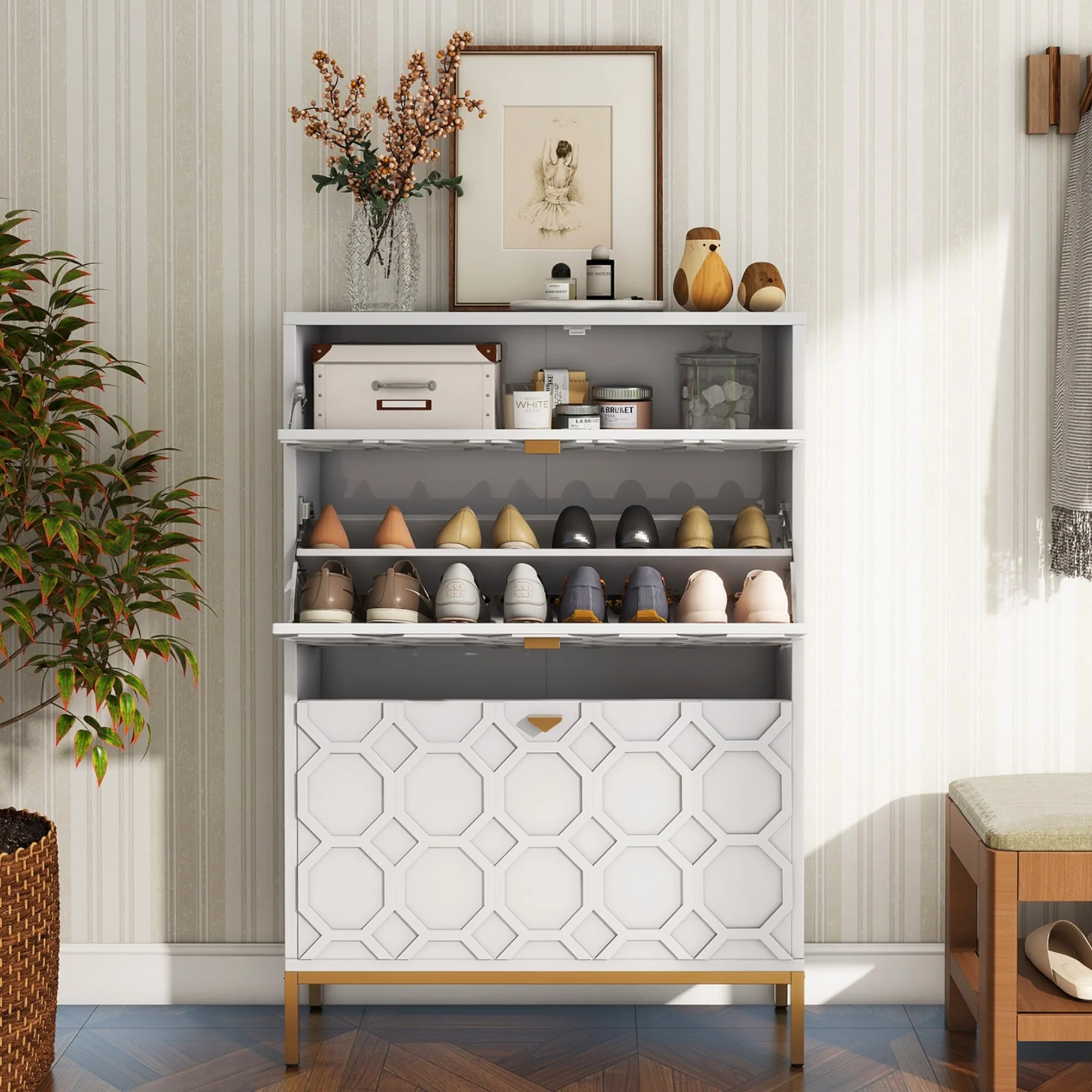 Clihome Shoe Organizer 24 Pairs Wood Shoe Storage Cabinet with Drawers