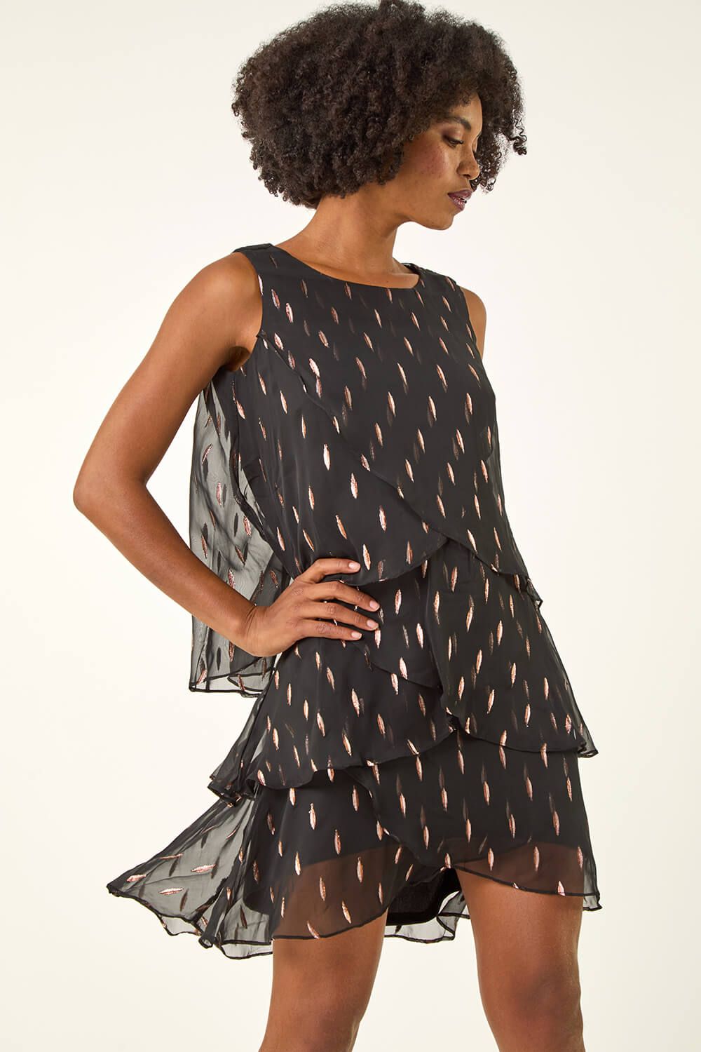 Roman Shimmer Foil Print Tiered Dress