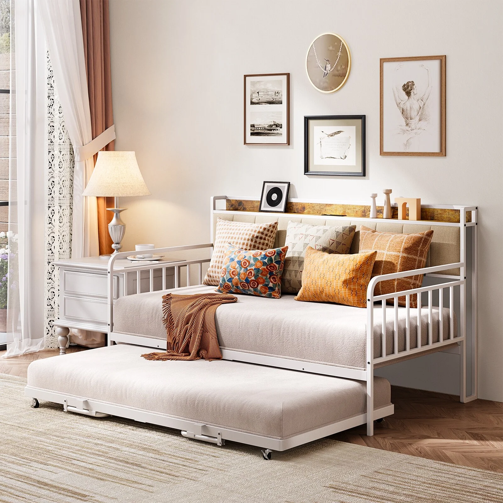 Daybed with Trundle, Twin Bed Frame with Upholstered Headboard and Charging Station