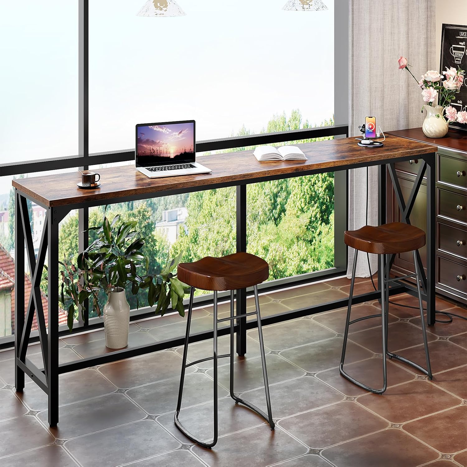 CHOEZON 70.9'' Bar Table, Kitchen Dining Table with Power Outlet and Footrest, Industrial Style, for Pub, Living Room, Rustic Brown and Black TBT08UBF