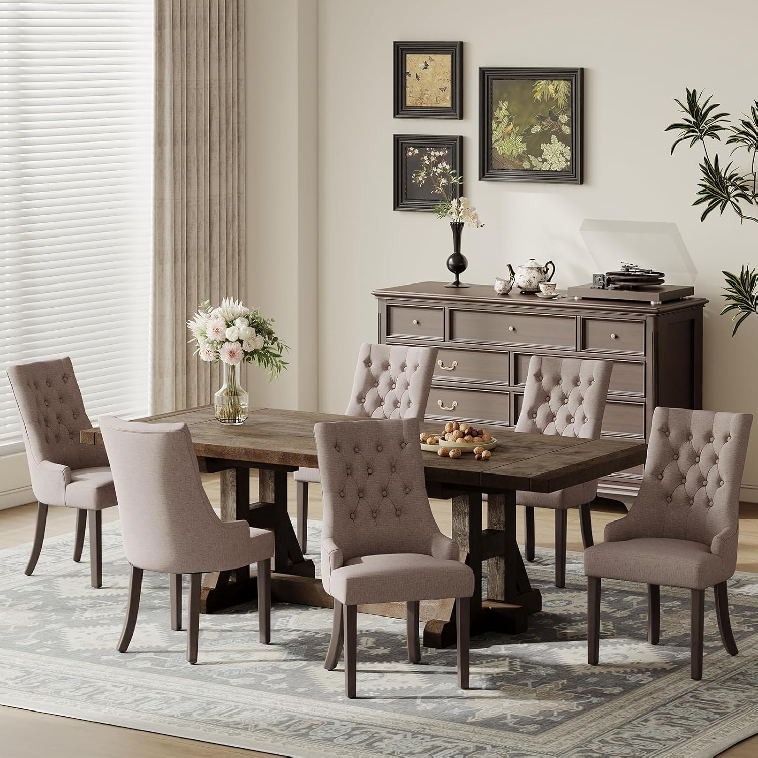 COLAMY Wingback Upholstered Side Dining Room Chairs Set of 6, Fabric Dining Chairs with Tufted Button, Living Room Chairs for Home Kitchen, Taupe
