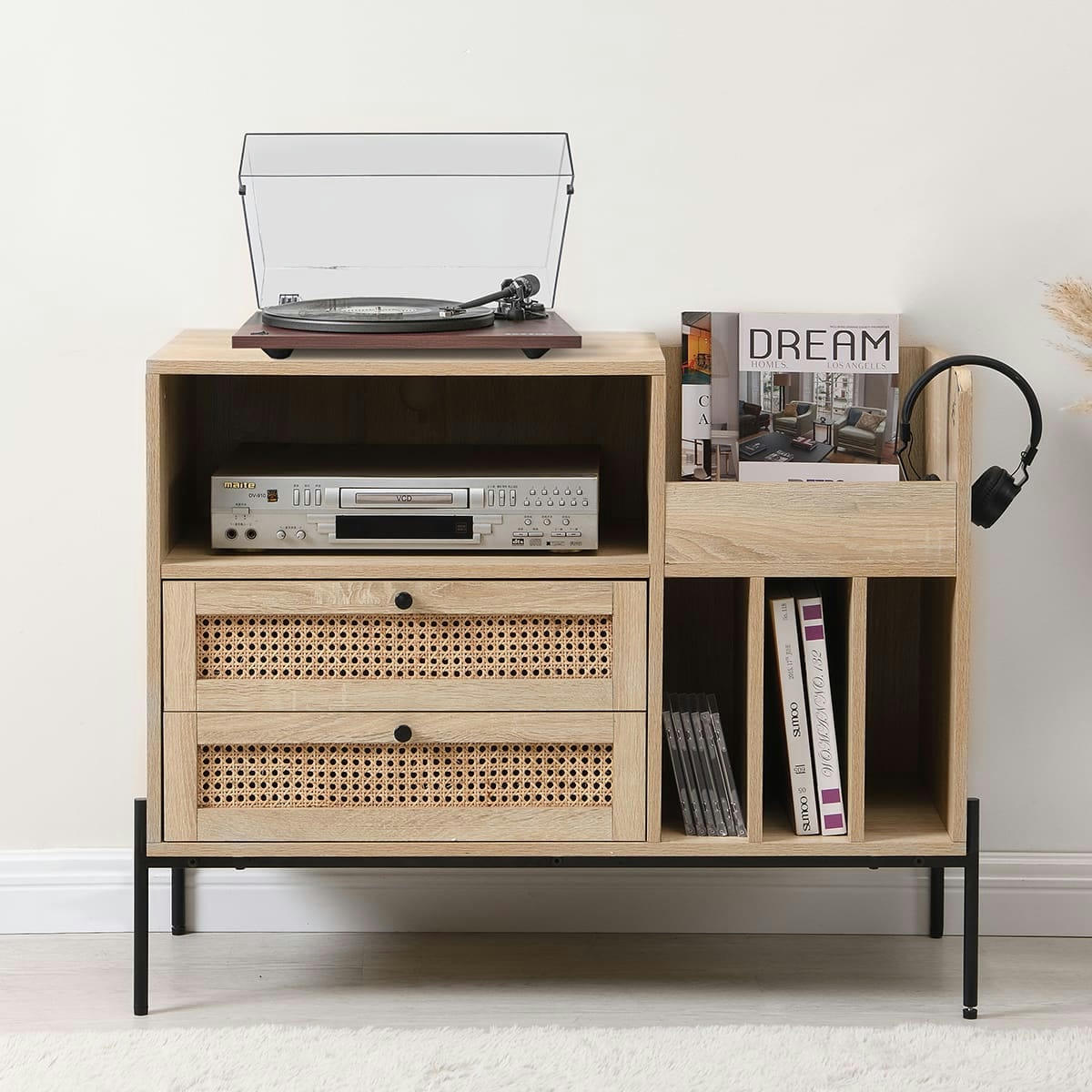 IRIS - Meuble range vinyles 2 tiroirs en cannage naturel et effet chêne 90 cm