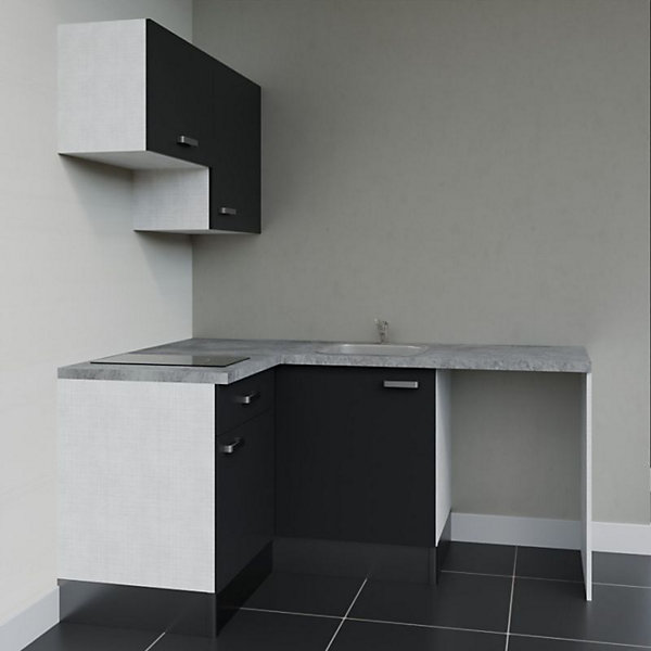Kitchenette KA02 - 128 cm - Façades : Noir - Plan de travail : Gris béton - Crédences : Non - Evier