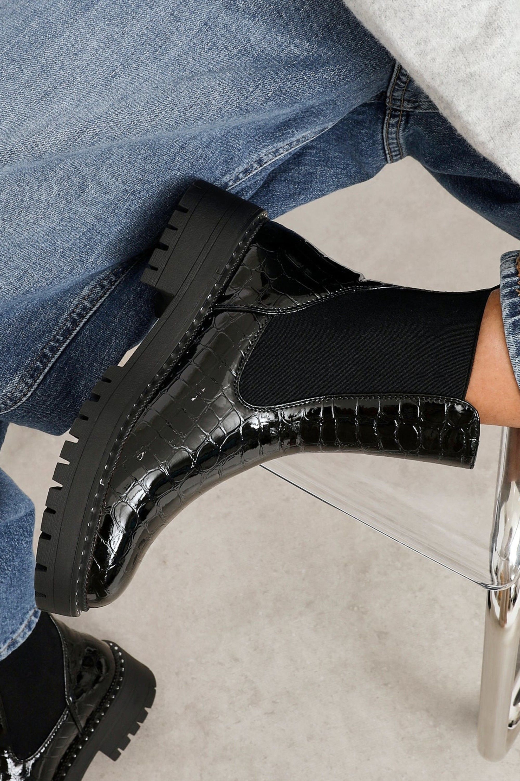 Linzi Landon Black Faux Croc Patent Leather Chunky Ankle Boot
