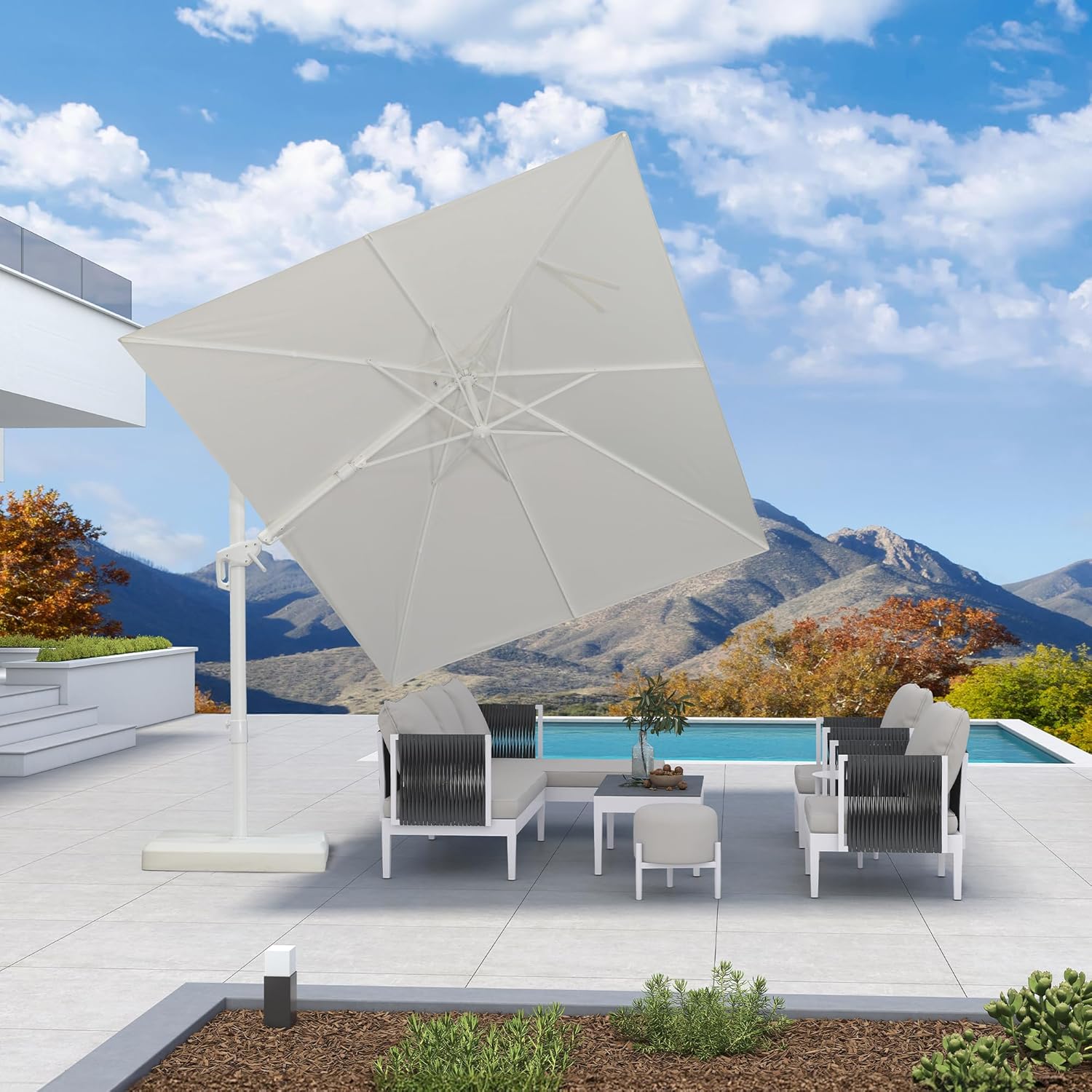 PURPLE LEAF 10 FT Right-left Tilt Patio Umbrella Swivel White Cantilever Umbrella with Tilt Aluminum Outdoor Umbrella with 360° Rotation for Deck Pool Garden, White