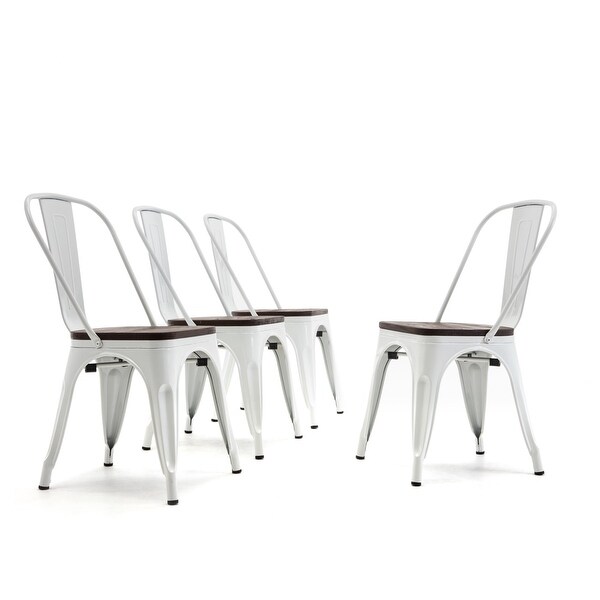 BELLEZE Modern Style Metal Industrial Stackable Bistro Dining Chairs Set of 4 Wood Seat Cafe Bar Restaurant Stool