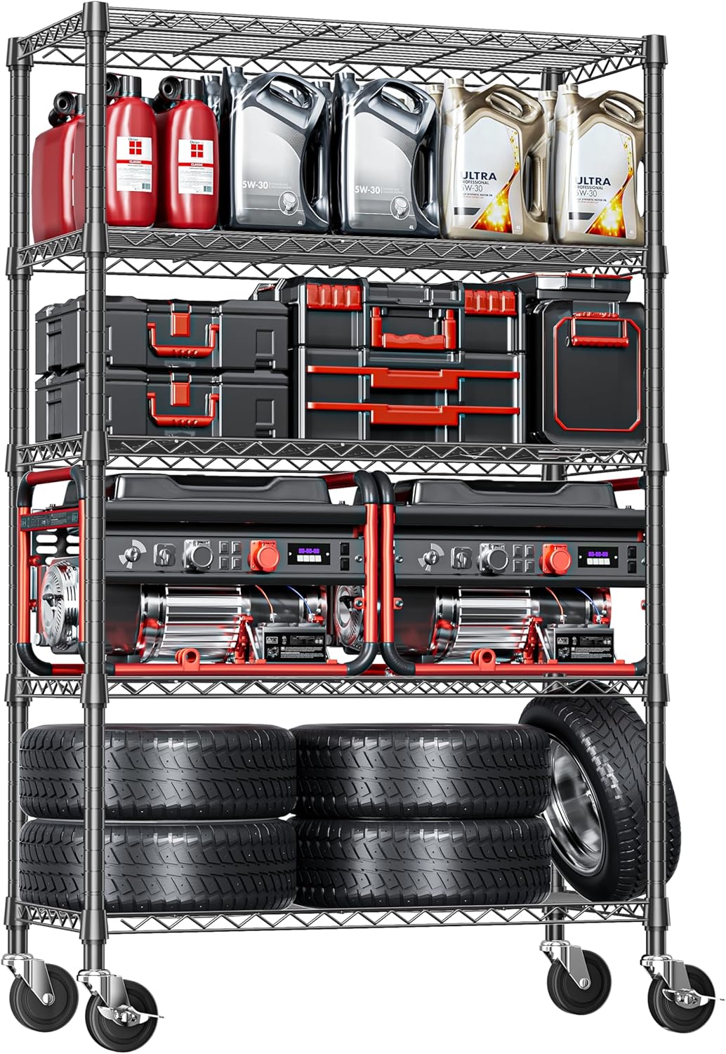 IZEUK 5-Tier Adjustable Heavy Duty Steel Wire Shelving Unit with Wheels, Storage Rack Organizer for Garage, Kitchen, Office, Laundry, Basement (Black, 17.7 D x 47.2 W x 76.7 H, 1750 lbs Capacity)