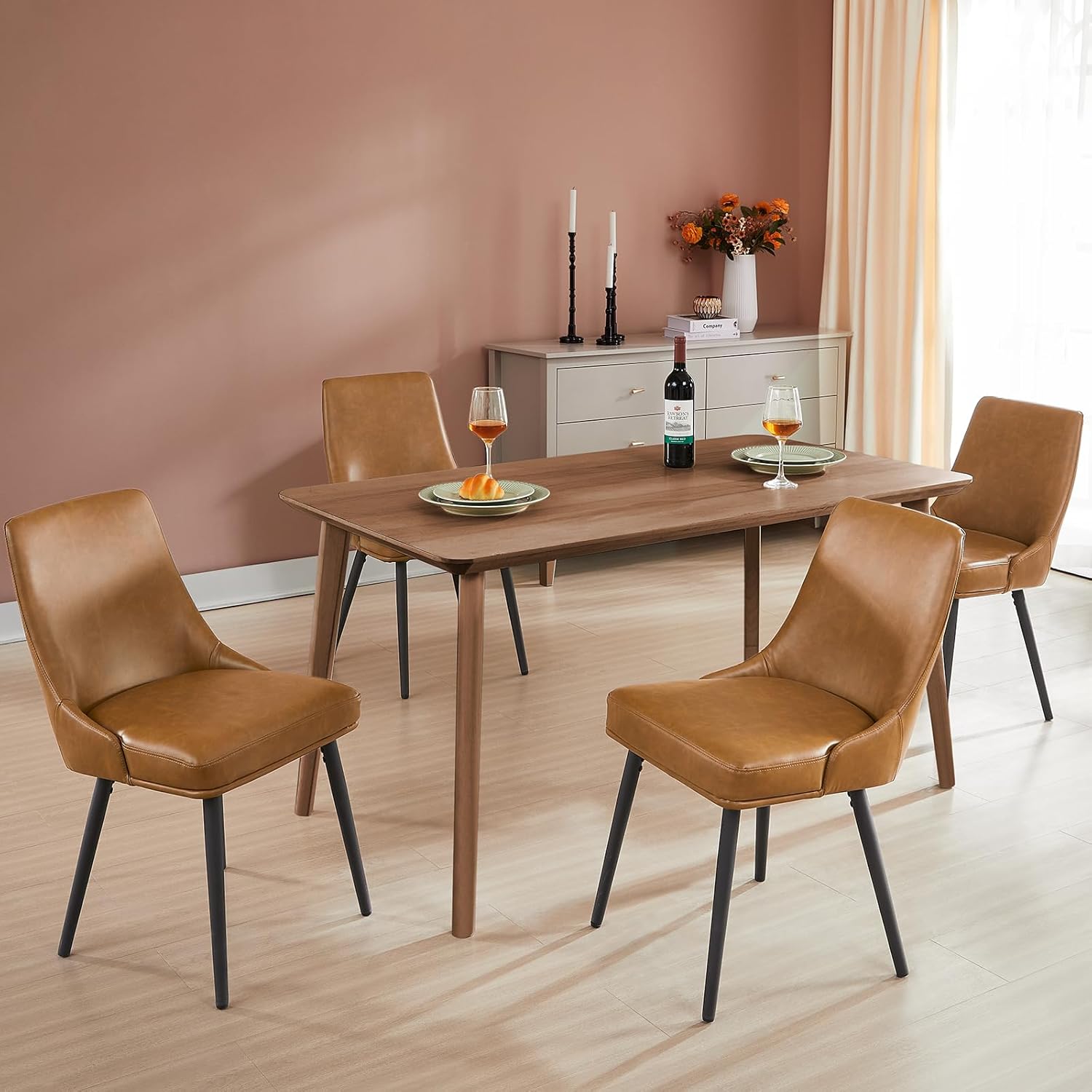 Modern Upholstered Dining Chairs Set of 4 with Thick Seat Cushion and Curved Back, Synthetic Leather Mid-Century Dinner Chair for Kitchen, Dining Room,Cafe (Faux Leather-Brown, Set of 4)