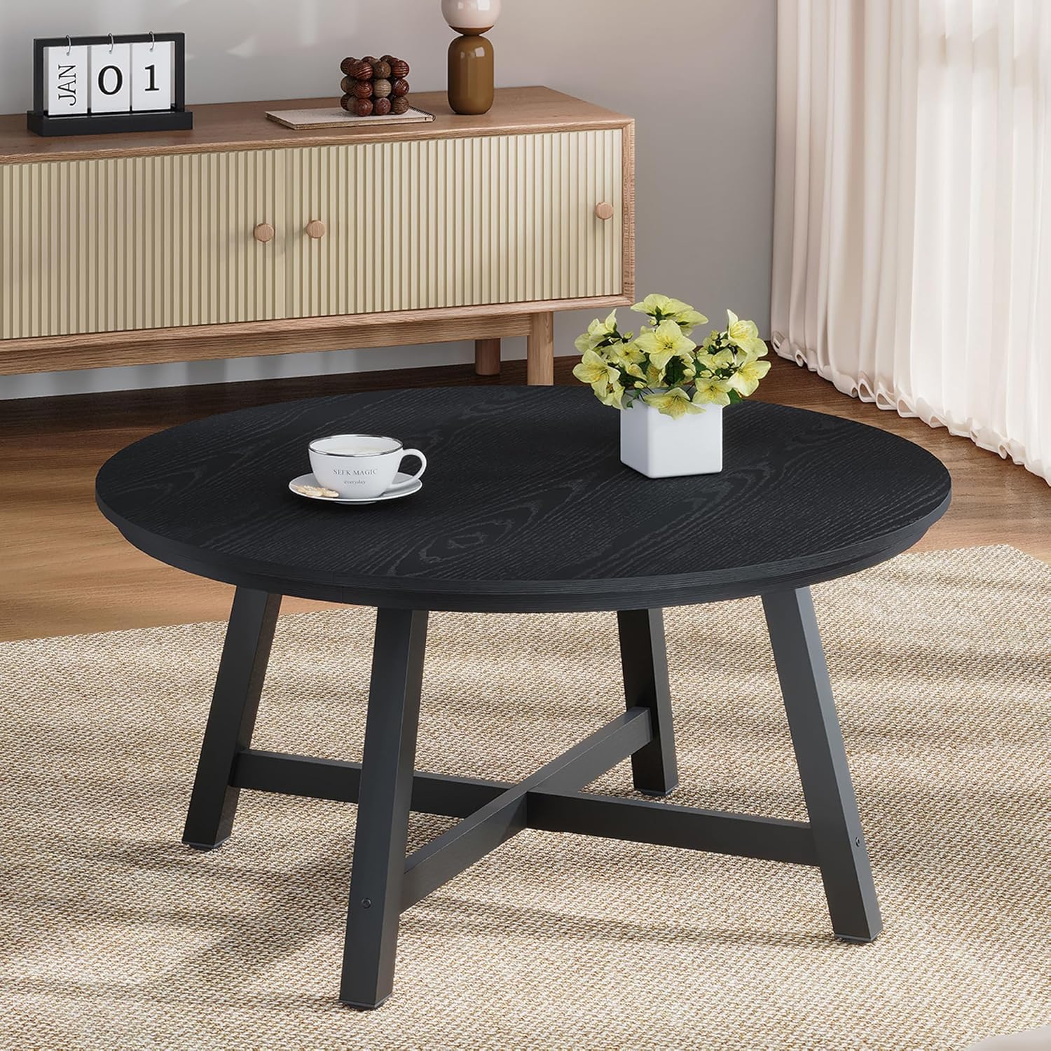 GarveeHome Round Coffee Table 36 Center Table,Large Coffee Table Black Accent Tables with Adjustable Feet, Living Room Tables with Thickened Legs and Designed Wood Grain, Easy Assemble