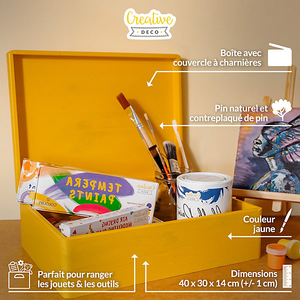 Creative Deco Boite de Rangement en Bois Jaune 40 x 30 x 14 cm ( /- 1 cm) - Avec Couvercle - Boîte à Souvenirs - Boîte à Jouets