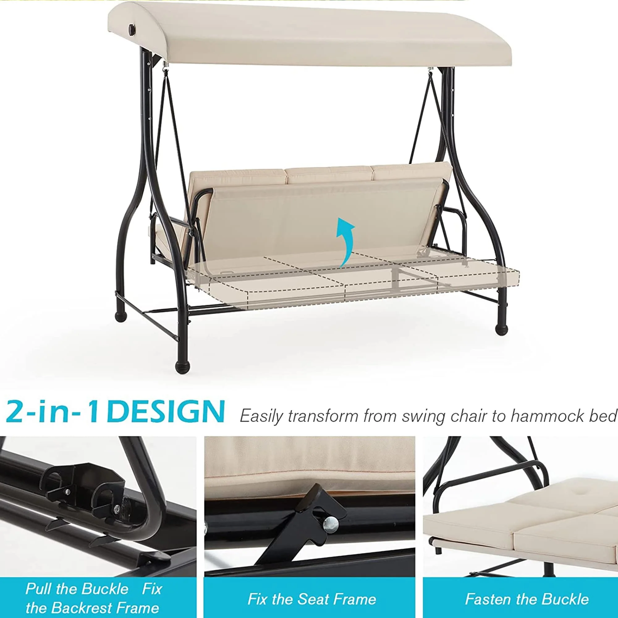 AECOJOY 3-Seat Outdoor Porch Swing w/ Canopy Outdoor Swing Bed