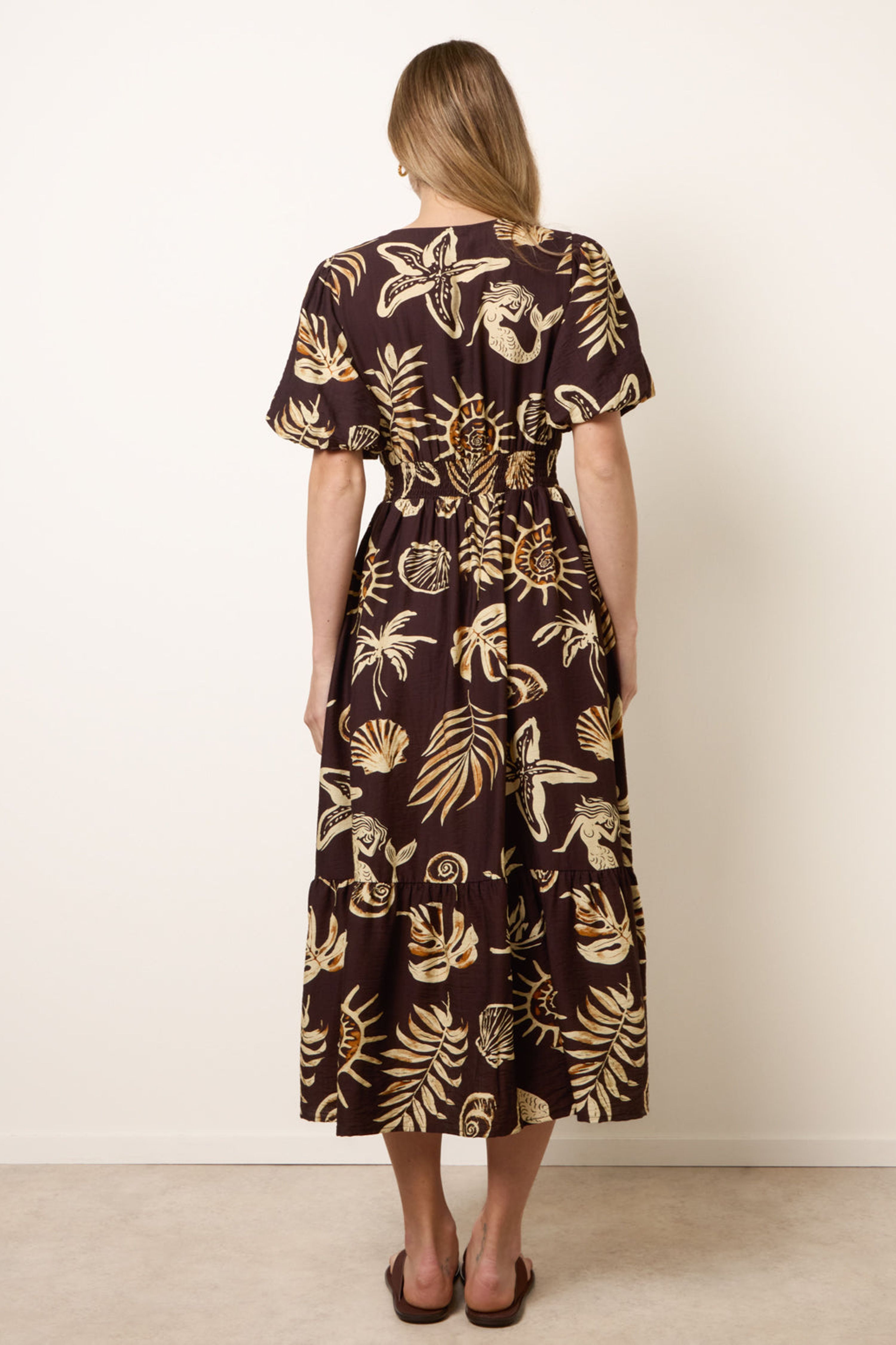 Blue Vanilla Brown Tropical Button Through Midi Dress
