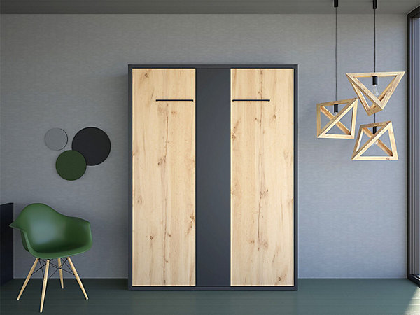 Lit escamotable 160 x 200 cm - Ouverture verticale manuelle - Anthracite et naturel - MALINA II