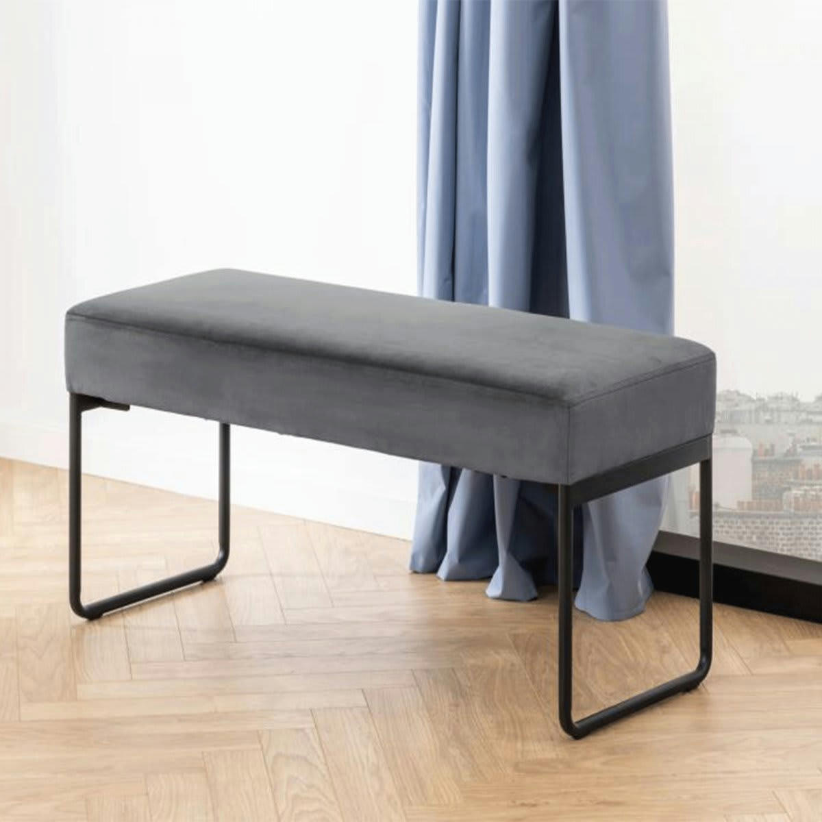 XENIUS - Banc en velours gris 95cm pieds métal noir