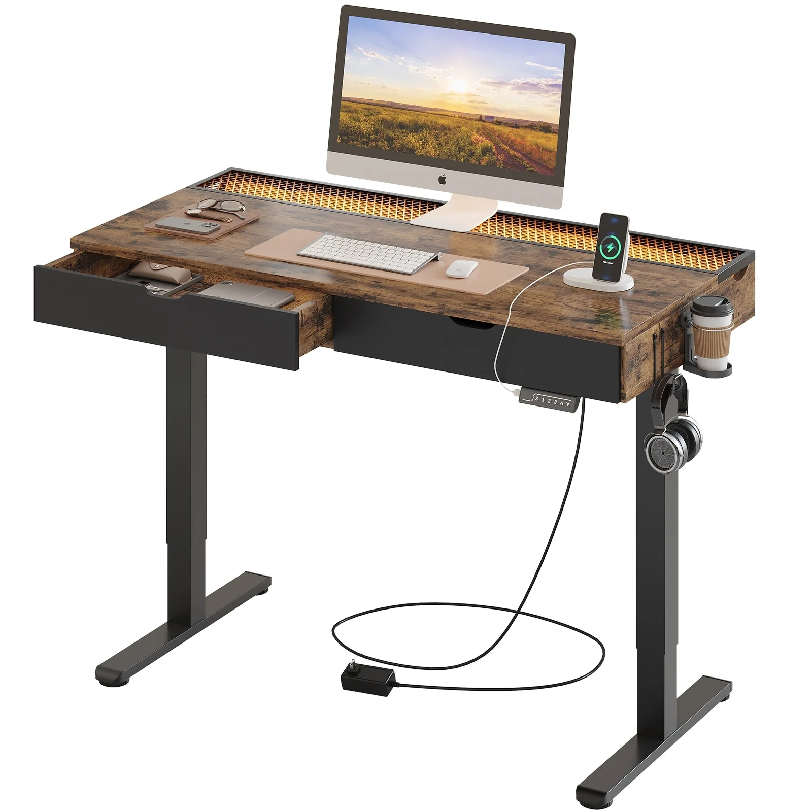 Standing Desk Electric Height Adjustable Gaming Desk with Drawer USB Port and LED Light Computer Desk