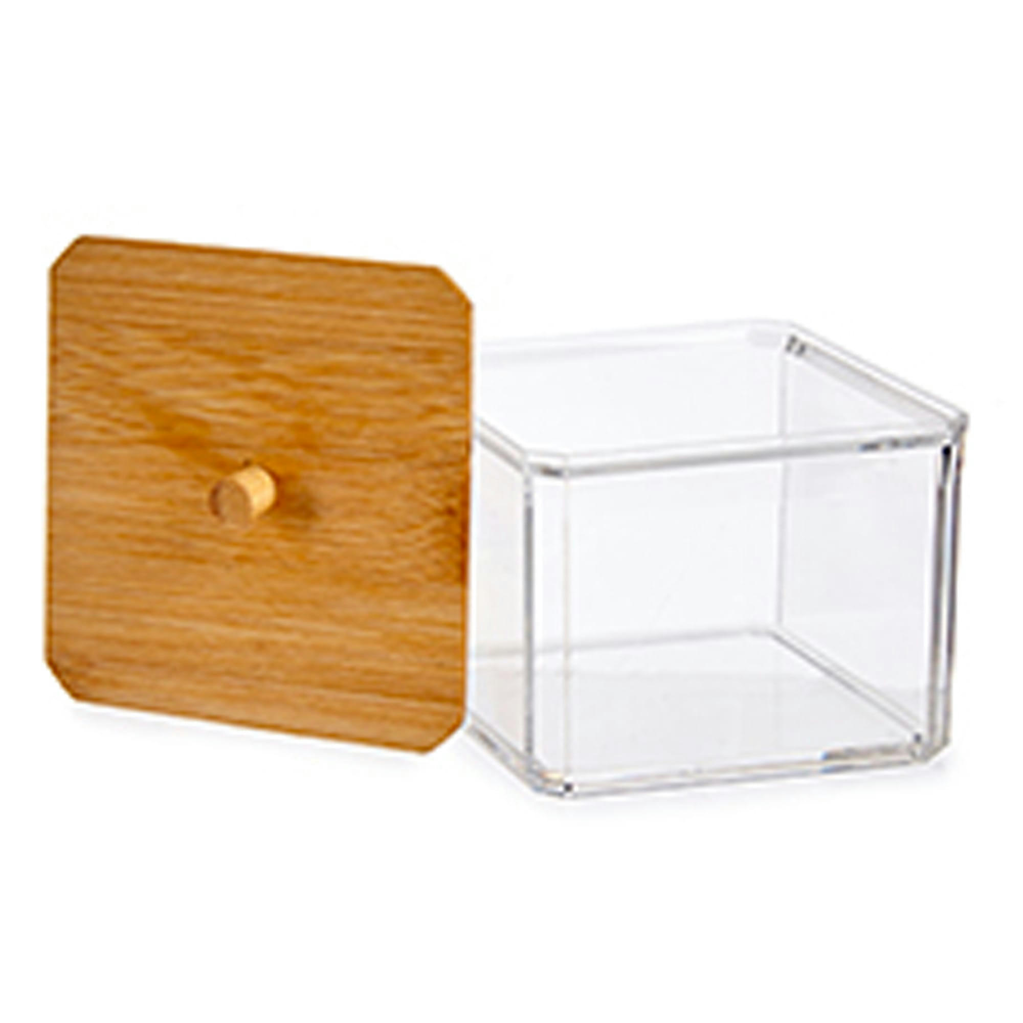 - Boîte à coton-tiges transparent et bambou 9.1x9.1x8cm