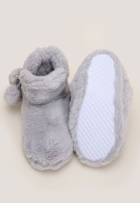 Womens Grey Faux Fur Pom Pom Slipper Boots
