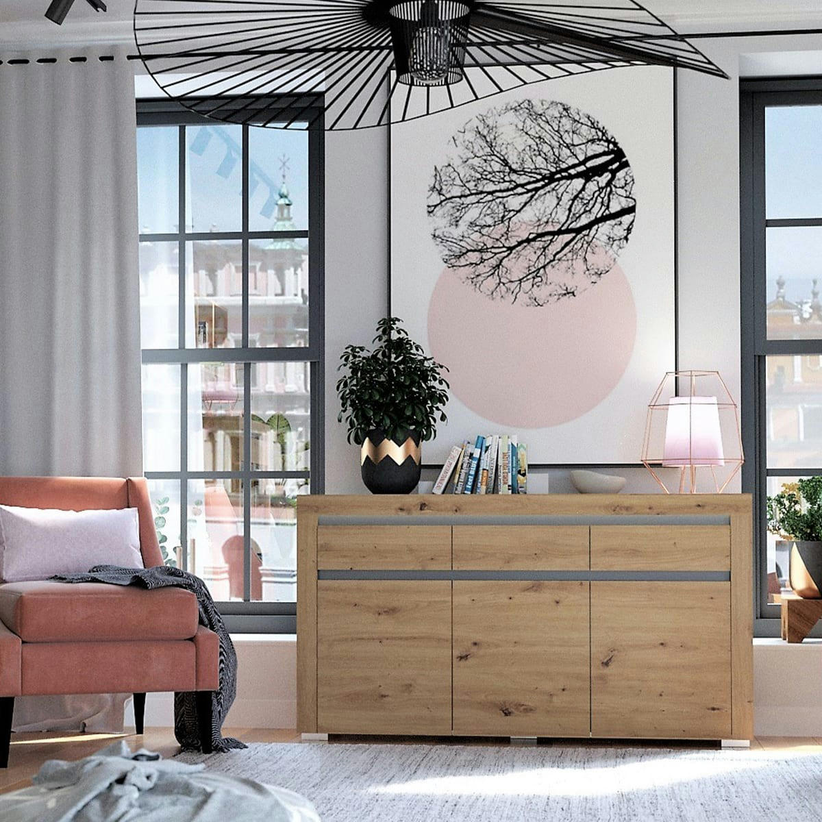 - Buffet 3 portes 3 tiroirs LED inclus stratifiés naturel et gris