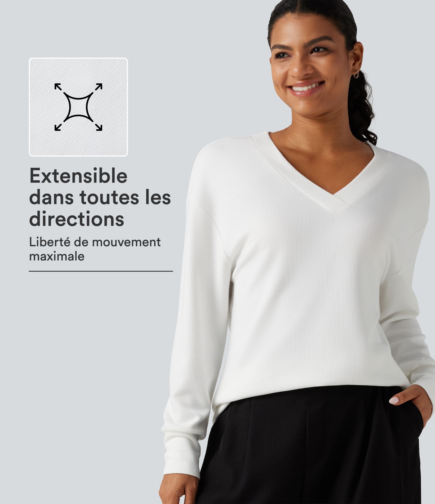 Haut de yoga gaufré à encolure en V et manches longues