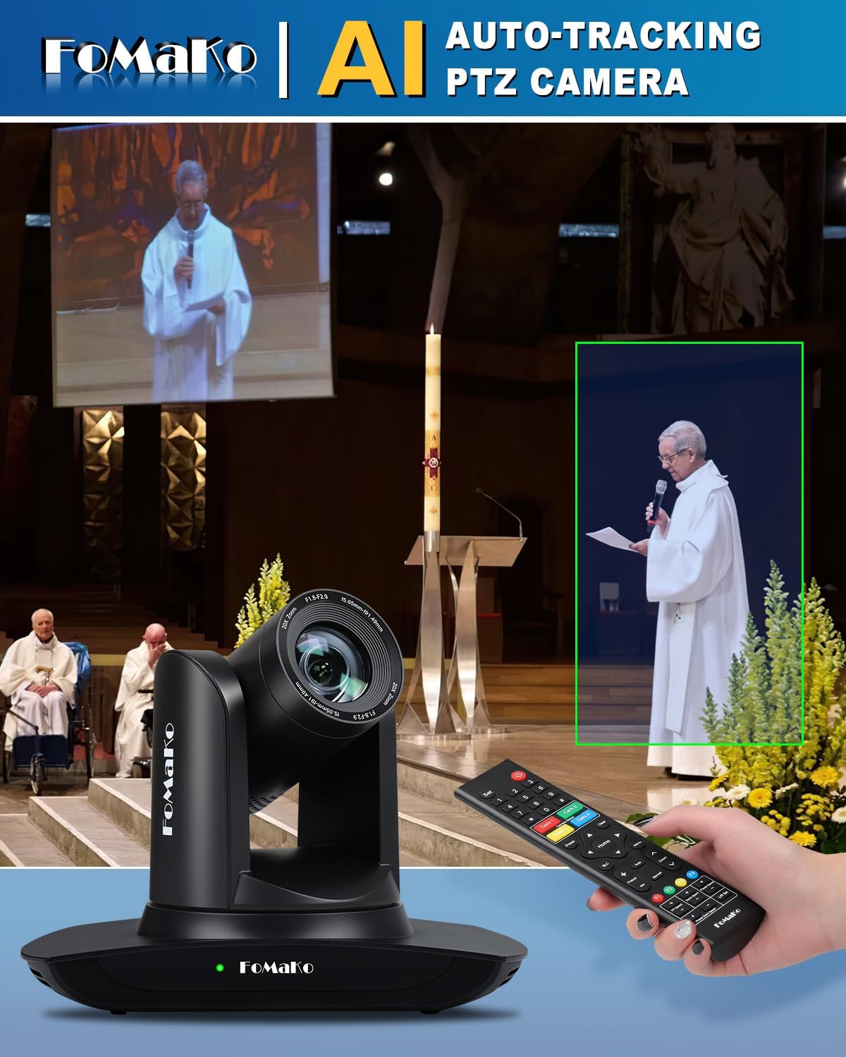 FoMaKo HDMI PTZ Camera, AI Auto-Tracking Gen 3, 20x Optical Zoom, IP USB3.0 HDMI,for Church Services Worship Education,Upgradable to an NDI Camera,FMK12UH Pro(20x)-B,Black Color