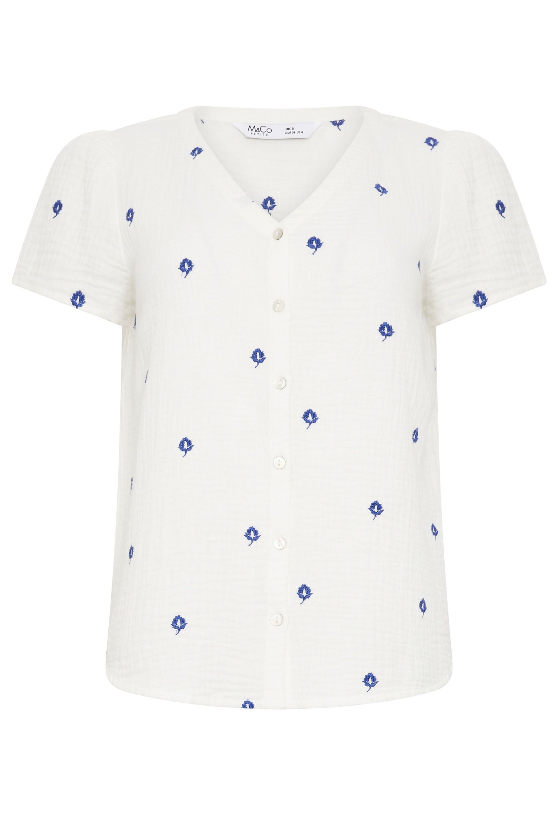 M&Co Petite Embroidered Cotton Short Sleeve Blouse