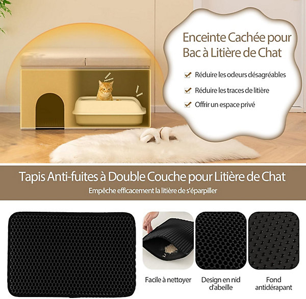 2 en 1 Meuble Litière Chat avec Tapis de Litière Anti-Fuite, 90 x 50 x 50 CM, Filtre de Contrôle Odeurs, Beige