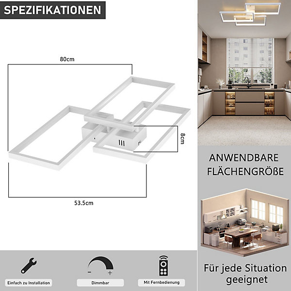 NETTLIFE Plafonnier LED en métal blanc 72W 80cm Lampe de moderne à intensité variable avec Design rectangulaire pour à coucher, s