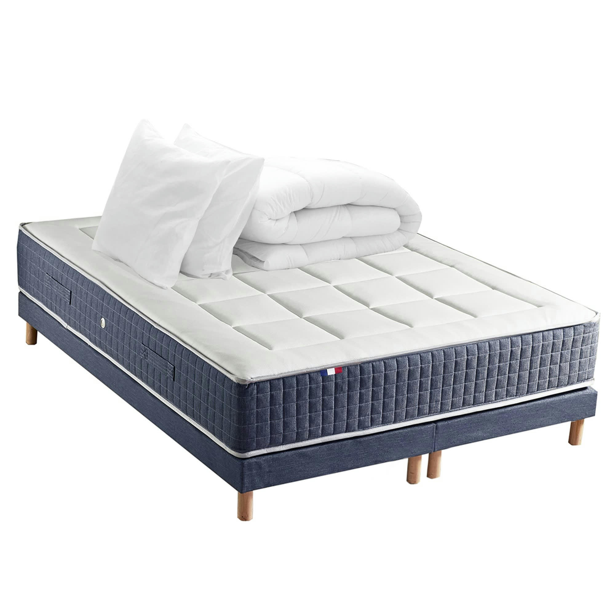 - Pack matelas 7 zones sommier bleu couette oreillers 160x200
