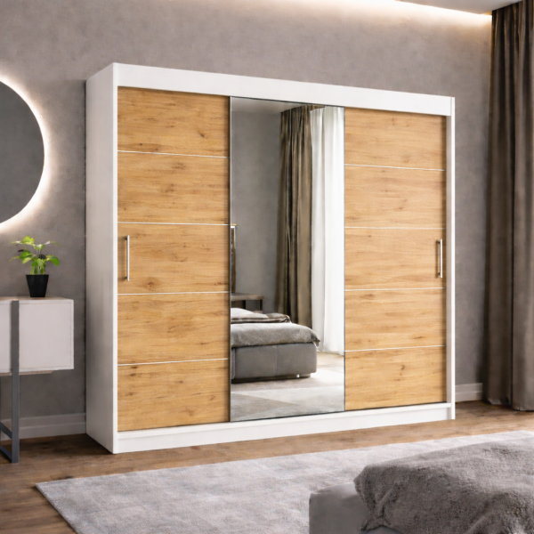 Szafa przesuwna RIO-3 180cm dąb artisan   biały   srebrne dodatki