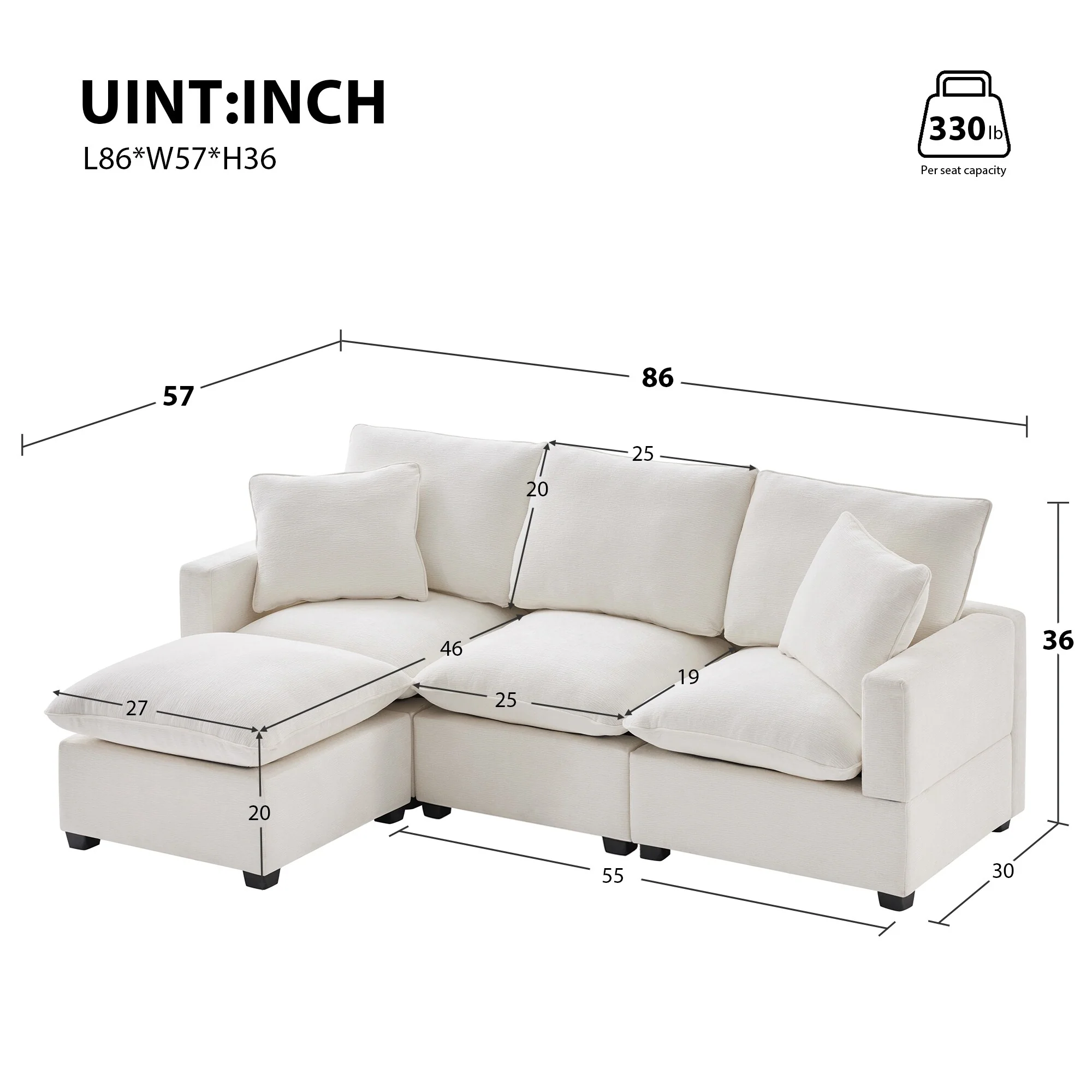 White 84 Modular Chenille 4-Seat Sectional Sofa Set with 2 Pillows and Ottoman, Great for Living Room or Office Spaces